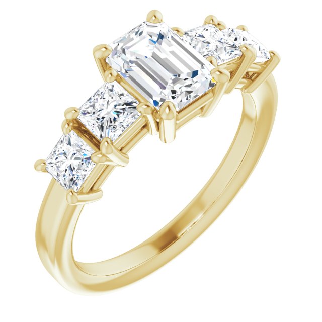 10K Yellow Gold Customizable 5-stone Emerald/Radiant Cut Style with Quad Princess-Cut Accents