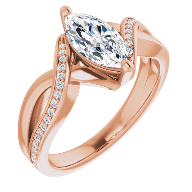 14K Rose Gold Customizable Marquise Cut Center with Curving Split-Band featuring One Shared Prong Leg