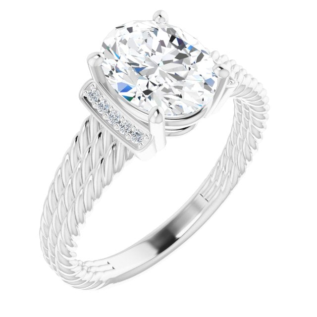 10K White Gold Customizable 11-stone Design featuring Oval Cut Center, Vertical Round-Channel Accents & Wide Triple-Rope Band
