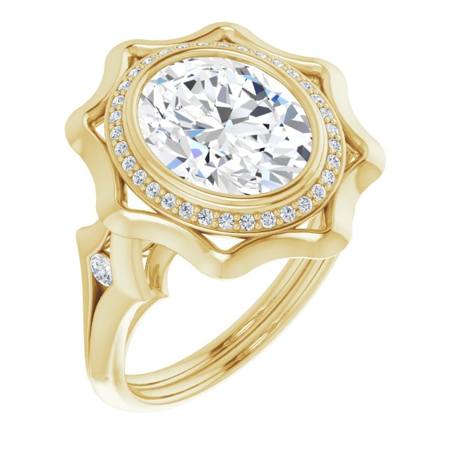 10K Yellow Gold Customizable Bezel-set Oval Cut with Halo & Oversized Floral Design