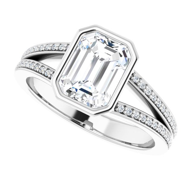 Cubic Zirconia Engagement Ring- The Jenni Lou (Customizable Bezel-set Emerald Cut Design with Split Shared Prong Band)