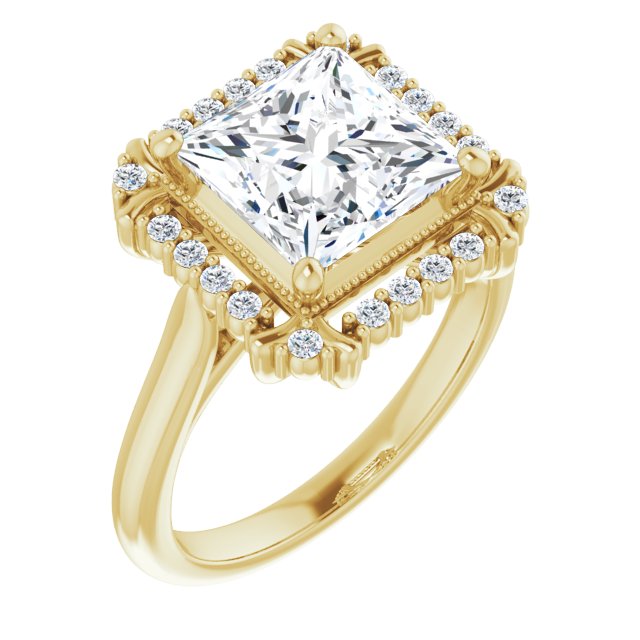 10K Yellow Gold Customizable Princess/Square Cut Design with Majestic Crown Halo and Raised Illusion Setting