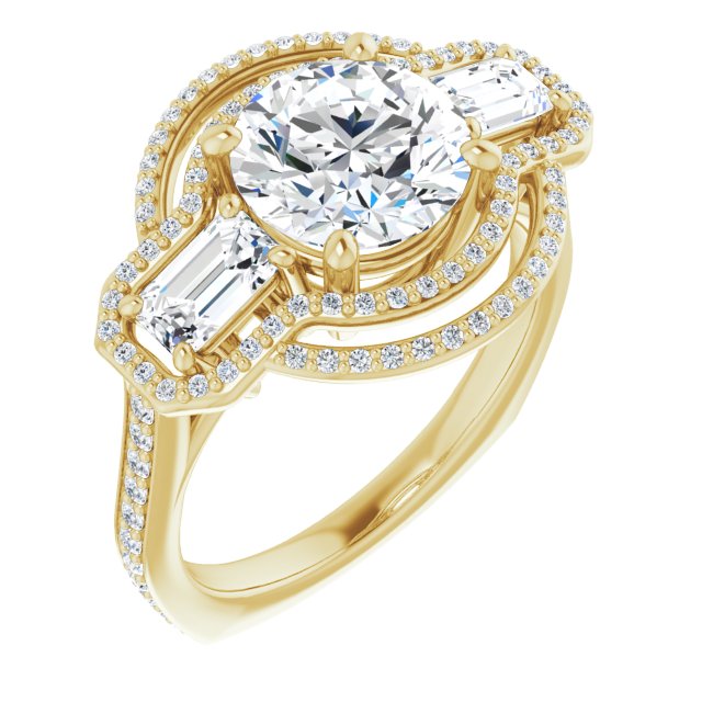 14K Yellow Gold Customizable Enhanced 3-stone Style with Round Cut Center, Emerald Cut Accents, Double Halo and Thin Shared Prong Band
