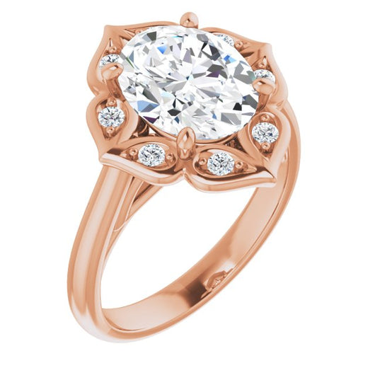 10K Rose Gold Customizable Cathedral-raised Oval Cut Design with Star Halo & Round-Bezel Peekaboo Accents