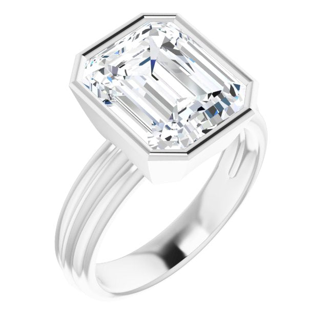 CZ Engagement Ring Bezel Emerald Cut Solitaire with Grooved Band ...
