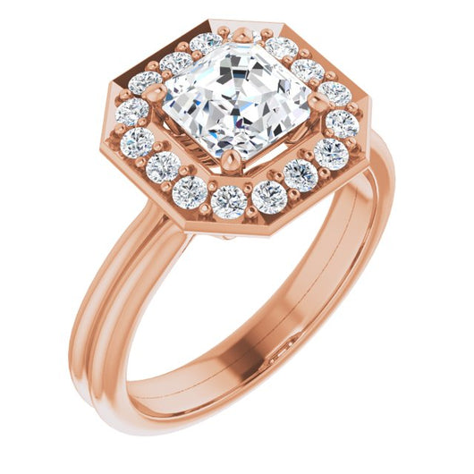 10K Rose Gold Customizable Cluster-Halo Accented Asscher Cut Style with Tapered Dual Band