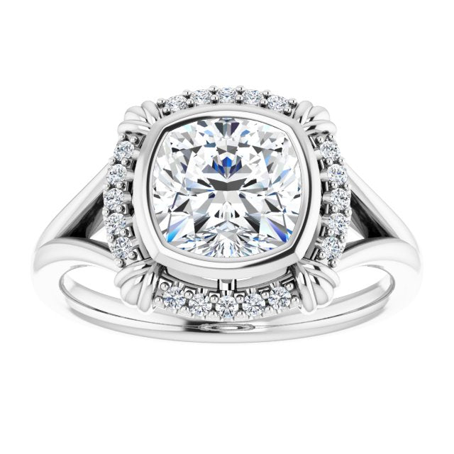 Cubic Zirconia Engagement Ring- The Leontine (Customizable Cushion Cut Design with Split Band and "Lion's Mane" Halo)