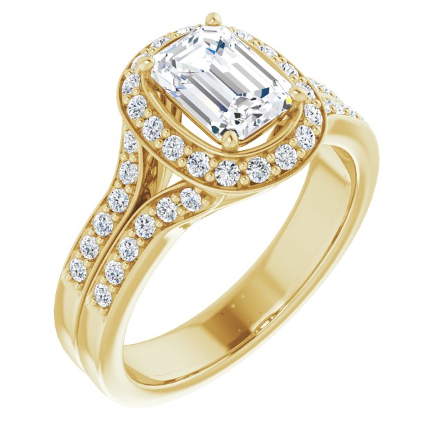 10K Yellow Gold Customizable Emerald/Radiant Cut Halo Style with Accented Split-Band