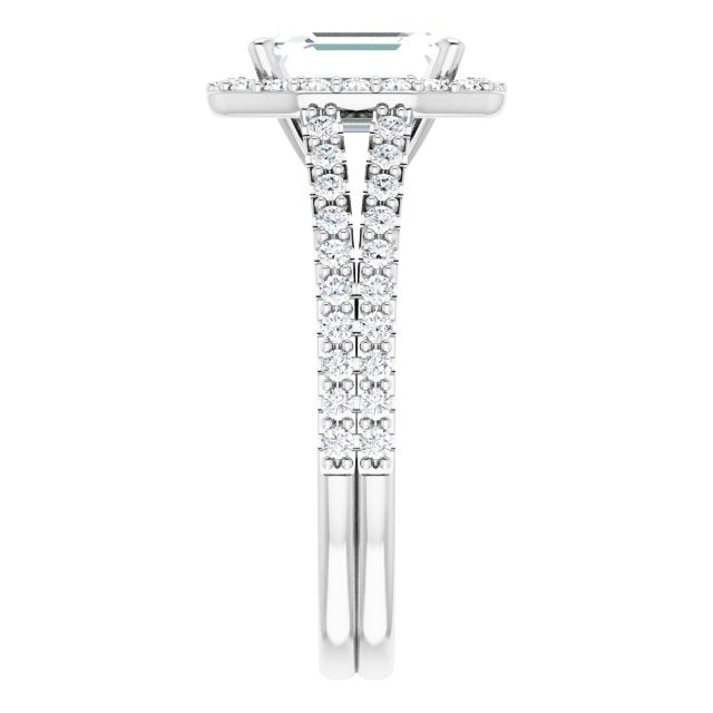 Cubic Zirconia Engagement Ring- The Danieela (Customizable Cathedral Emerald Cut Design with Geometric Halo & Split Pavé Band)