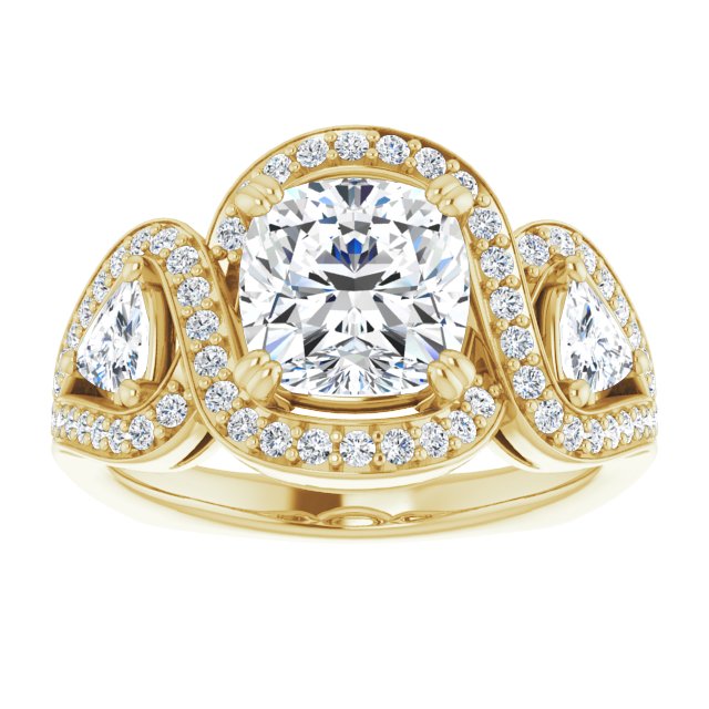 Cubic Zirconia Engagement Ring- The Ana Miranda (Customizable Cushion Cut Center with Twin Trillion Accents, Twisting Shared Prong Split Band, and Halo)