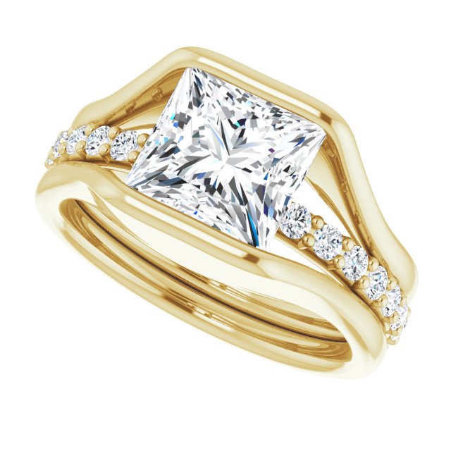 Cubic Zirconia Engagement Ring- The Hillary (Customizable Bezel-set Princess/Square Cut Style with Thick Pavé Band)