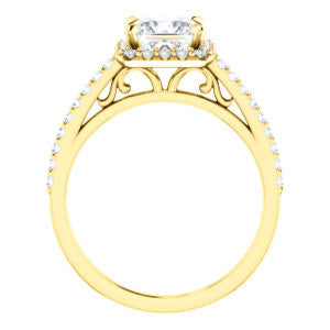 Cubic Zirconia Engagement Ring- The Sunshine (Customizable Princess Cut Halo Design with Vintage Cathedral Trellis and Thin Pavé Band)