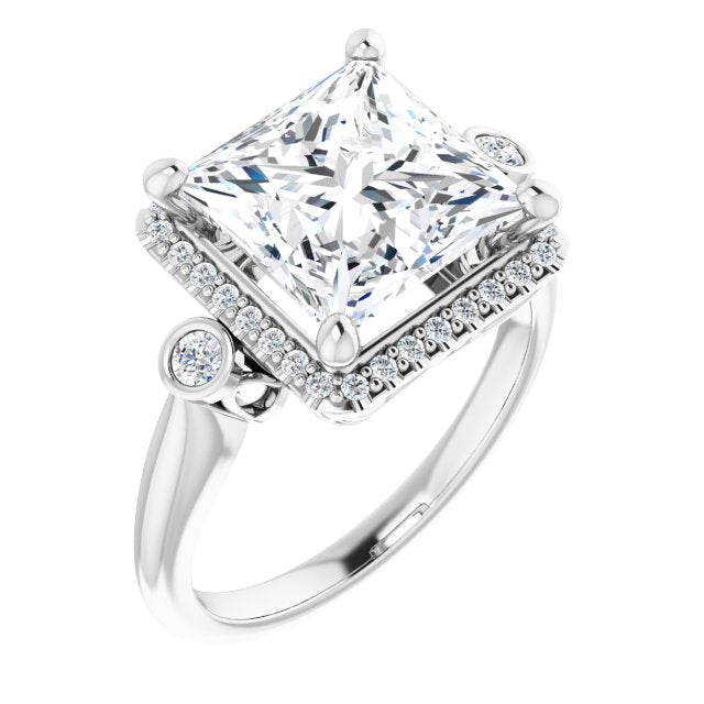 10K White Gold Customizable Princess/Square Cut Style with Halo and Twin Round Bezel Accents