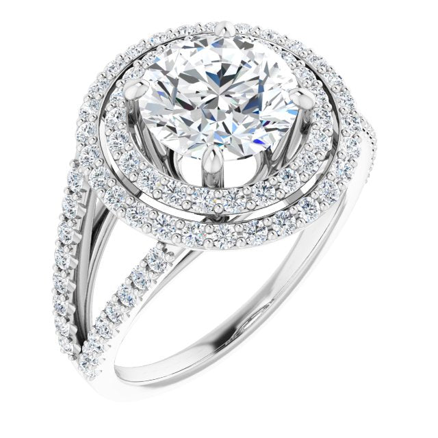14K White Gold Customizable Round Cut Design with Double Halo and Wide Split-Pavé Band