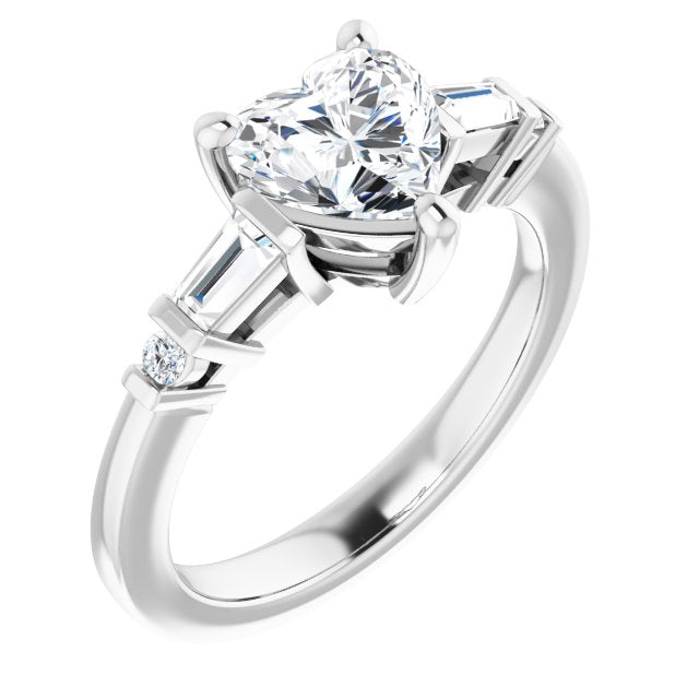 10K White Gold Customizable 5-stone Baguette+Round-Accented Heart Cut Design)