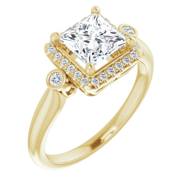 10K Yellow Gold Customizable Princess/Square Cut Style with Halo and Twin Round Bezel Accents