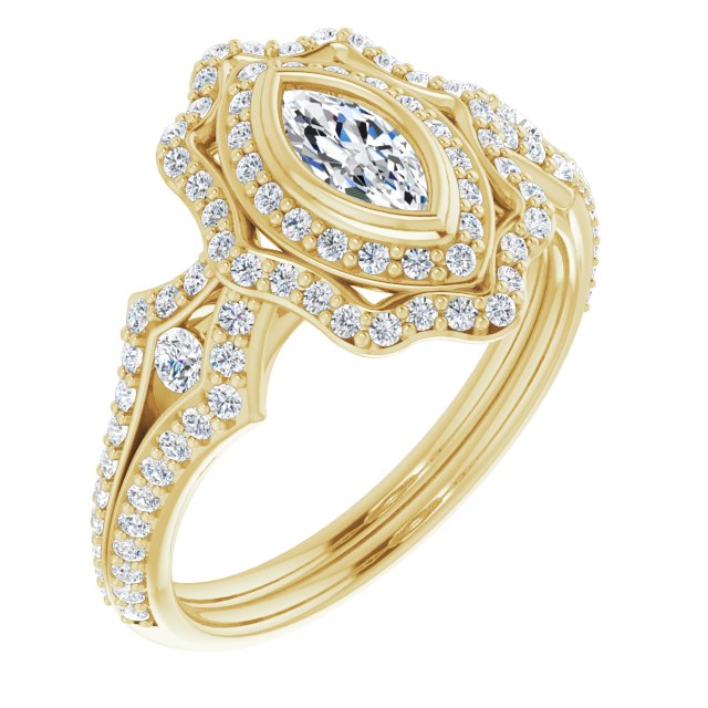 10K Yellow Gold Customizable Marquise Cut Style with Ultra-wide Pavé Split-Band and Nature-Inspired Double Halo