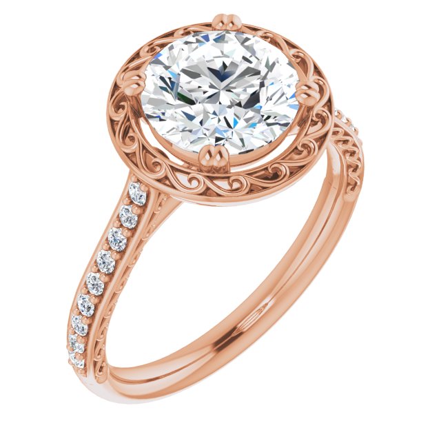 14K Rose Gold Customizable Round Cut Halo Design with Filigree and Accented Band