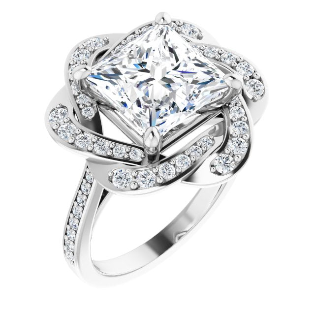 10K White Gold Customizable Cathedral-raised Princess/Square Cut Design with Floral/Knot Halo and Thin Accented Band