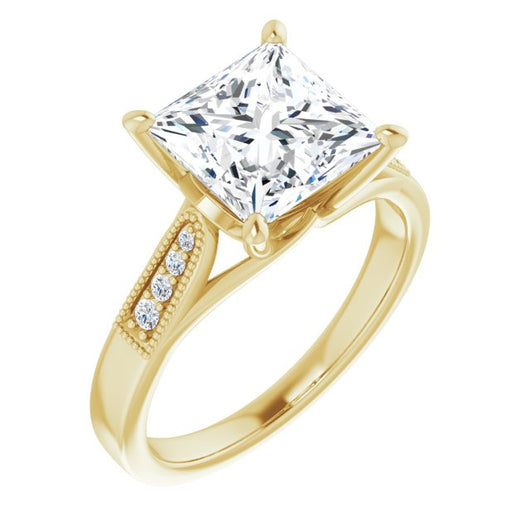 10K Yellow Gold Customizable 9-stone Vintage Design with Princess/Square Cut Center and Round Band Accents