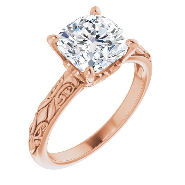 10K Rose Gold Customizable Cushion Cut Solitaire featuring Delicate Metal Scrollwork