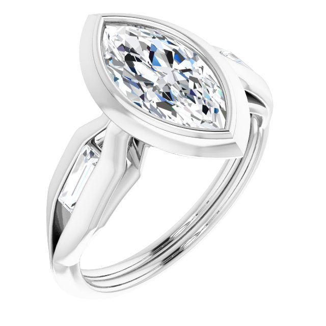Cubic Zirconia Engagement Ring- The Claudelle (Customizable Bezel-set Marquise Cut Design with Wide Split Band & Tension-Channel Baguette Accents)
