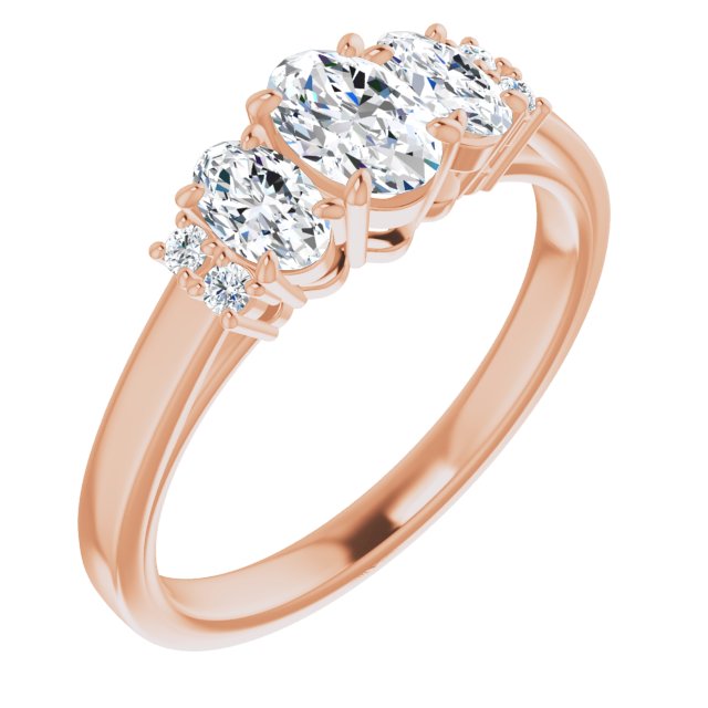 10K Rose Gold Customizable Triple Oval Cut Design with Quad Vertical-Oriented Round Accents