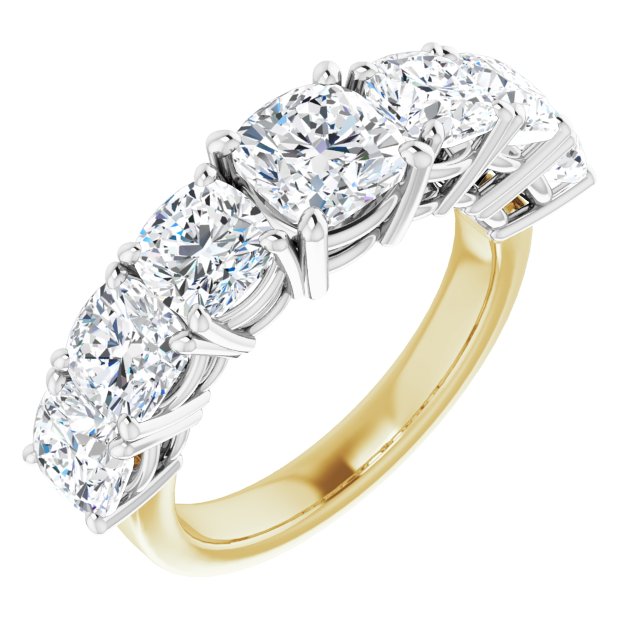 14K Yellow & White Gold Customizable 7-stone Cushion Cut Design with Large Round-Prong Side Stones