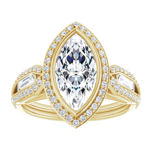 Cubic Zirconia Engagement Ring- The Alekhya (Customizable Cathedral-Bezel Marquise Cut Design with Halo, Split-Pavé Band & Channel Baguettes)
