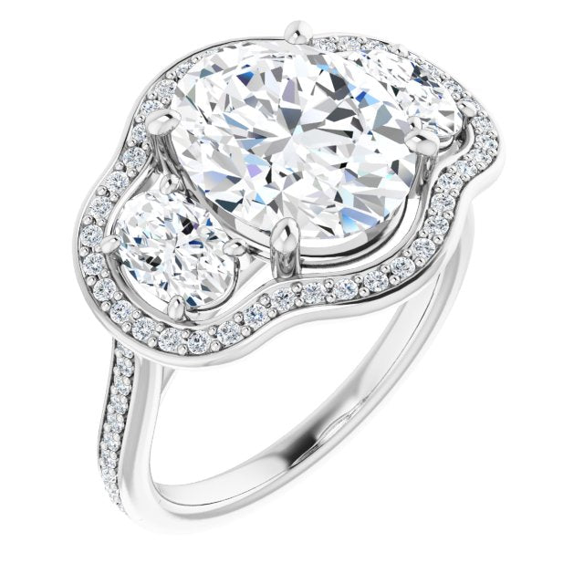10K White Gold Customizable Oval Cut Style with Oval Cut Accents, 3-stone Halo & Thin Shared Prong Band