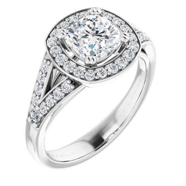 10K White Gold Customizable Cathedral-set Cushion Cut Style with Accented Split Band and Halo