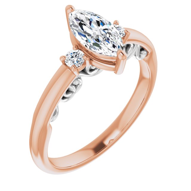 14K Rose & White Gold Customizable Marquise Cut 3-stone Style featuring Heart-Motif Band Enhancement