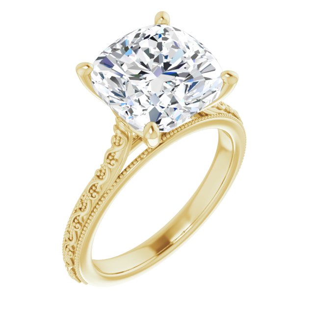 10K Yellow Gold Customizable Cushion Cut Solitaire with Delicate Milgrain Filigree Band