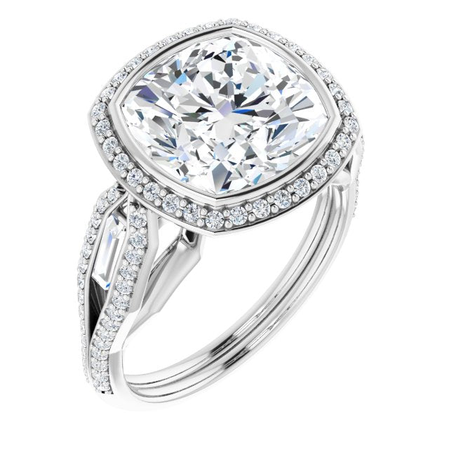 10K White Gold Customizable Cathedral-Bezel Cushion Cut Design with Halo, Split-Pavé Band & Channel Baguettes