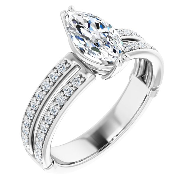 14K White Gold Customizable Marquise Cut Design featuring Split Band with Accents