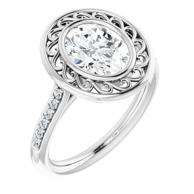 10K White Gold Customizable Cathedral-Bezel Oval Cut Design with Floral Filigree and Thin Shared Prong Band
