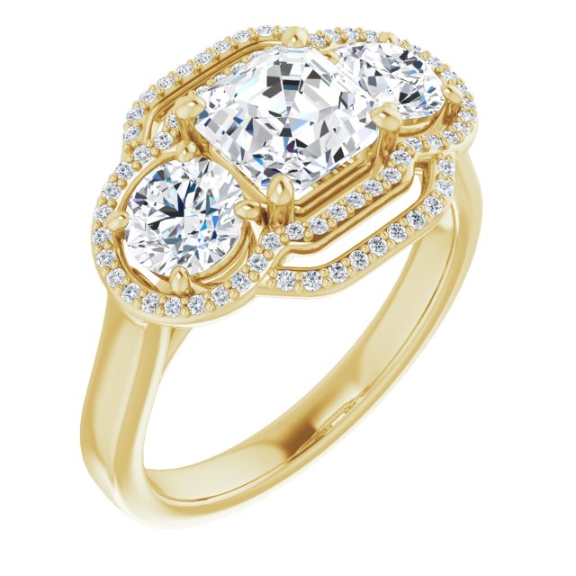 10K Yellow Gold Customizable Cathedral-set Enhanced 3-stone Asscher Cut Design with Multidirectional Halo