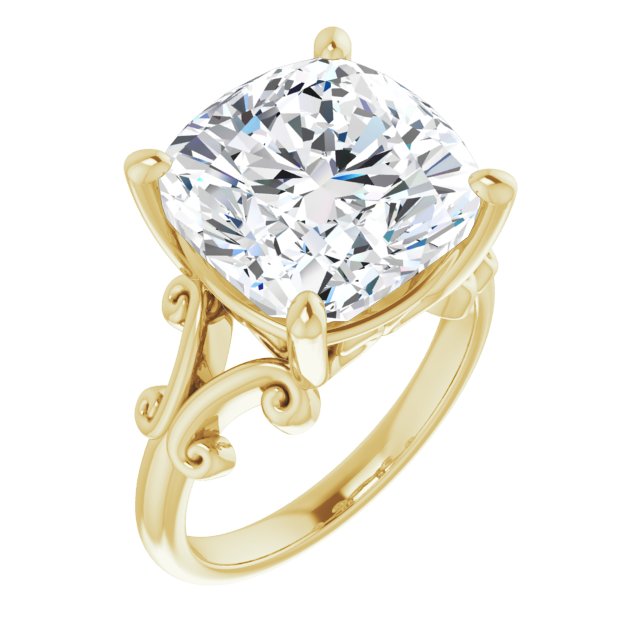 10K Yellow Gold Customizable Cushion Cut Solitaire with Band Flourish and Decorative Trellis