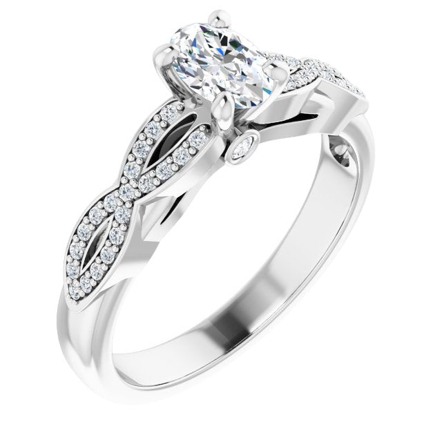 10K White Gold Customizable Oval Cut Design featuring Infinity Pavé Band and Round-Bezel Peekaboos