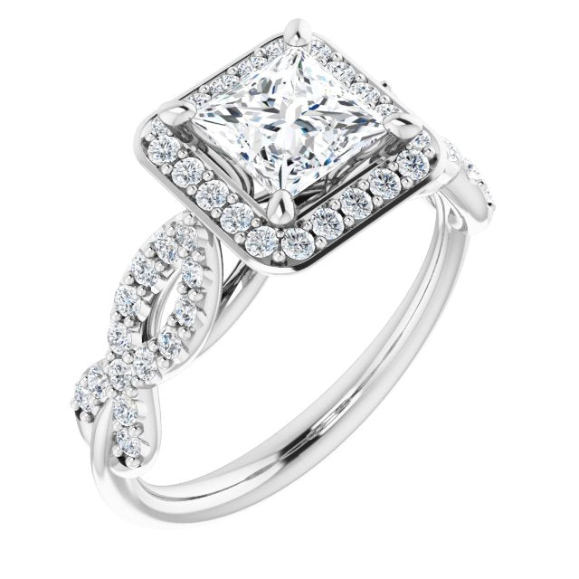 10K White Gold Customizable Cathedral-Halo Princess/Square Cut Design with Artisan Infinity-inspired Twisting Pavé Band