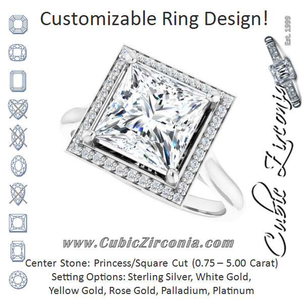 Cubic Zirconia Engagement Ring- The Cielo (Customizable Cathedral-Raised Princess/Square Cut Halo Style)
