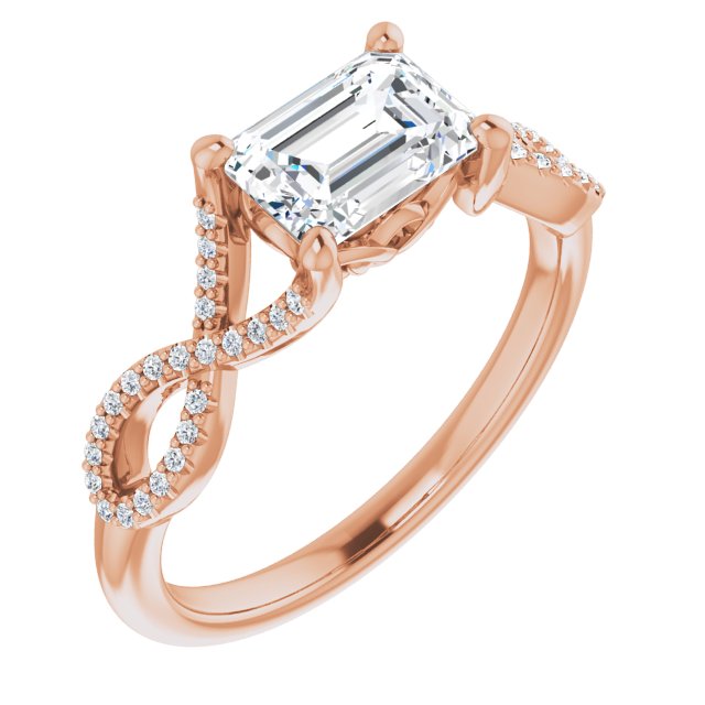 10K Rose Gold Customizable Emerald/Radiant Cut Design with Twisting Infinity-inspired, Pavé Split Band