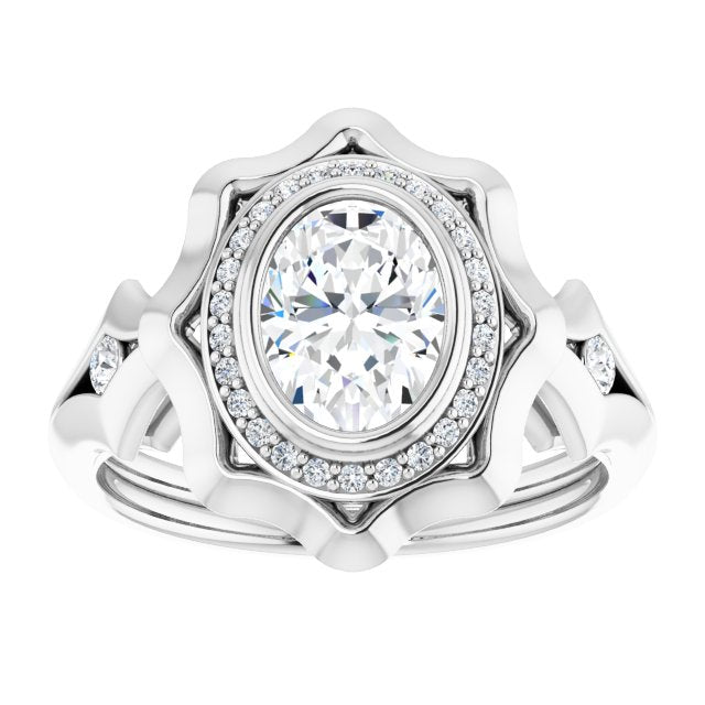 Cubic Zirconia Engagement Ring- The Jeanne (Customizable Bezel-set Oval Cut with Halo & Oversized Floral Design)