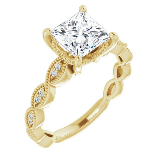 10K Yellow Gold Customizable Princess/Square Cut Artisan Design with Scalloped, Round-Accented Band and Milgrain Detail
