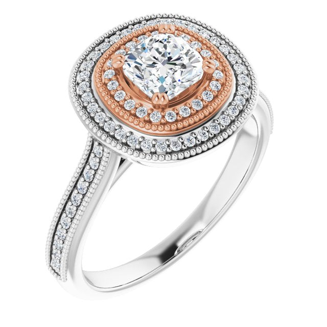 14K White & Rose Gold Customizable Cushion Cut Design with Elegant Double Halo, Houndstooth Milgrain and Band-Channel Accents