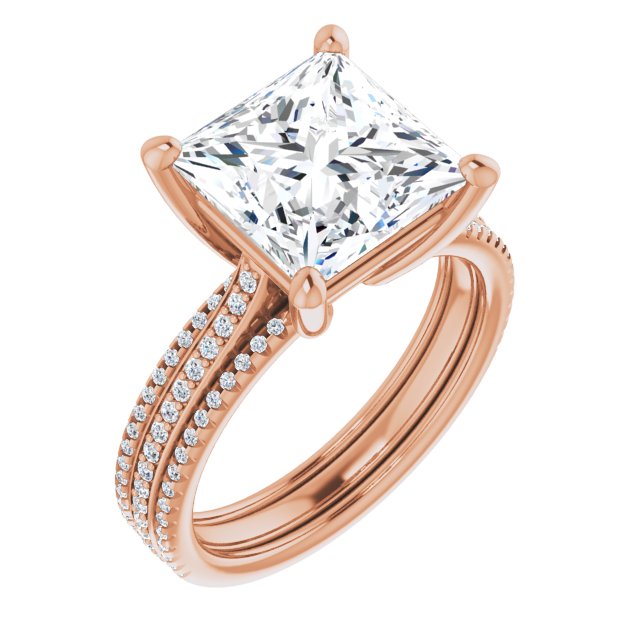 10K Rose Gold Customizable Princess/Square Cut Center with Wide Pavé Accented Band