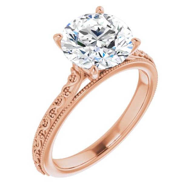 14K Rose Gold Customizable Round Cut Solitaire with Delicate Milgrain Filigree Band