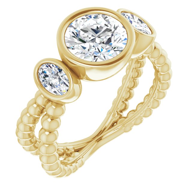 10K Yellow Gold Customizable 3-stone Round Cut Design with 2 Oval Cut Side Stones and Wide, Bubble-Bead Split-Band