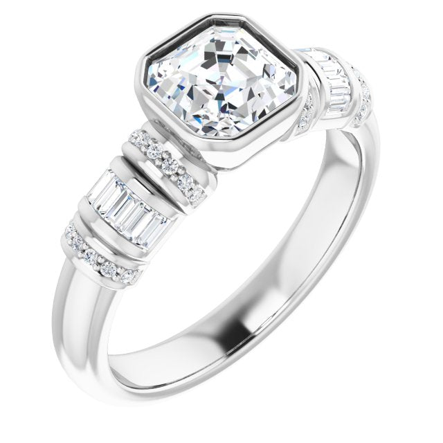 10K White Gold Customizable Bezel-set Asscher Cut Setting with Wide Sleeve-Accented Band