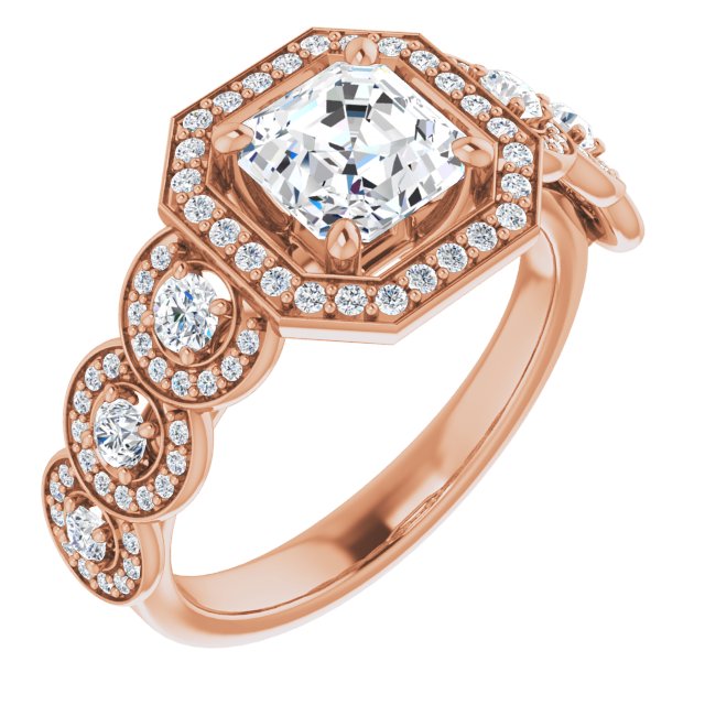 10K Rose Gold Customizable Cathedral-set Asscher Cut 7-stone style Enhanced with 7 Halos